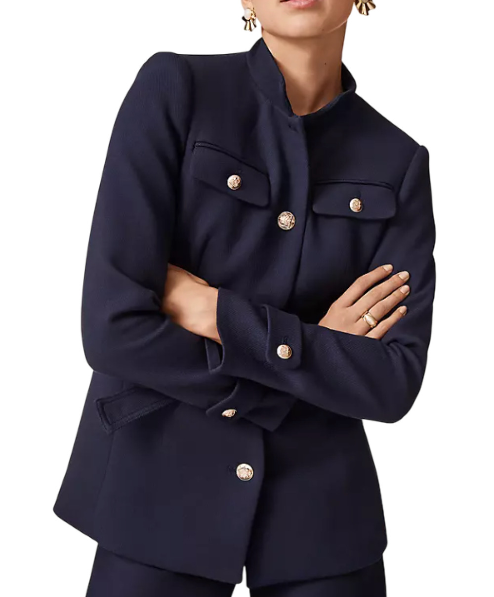 NEW ANN TAYLOR NIGHT SKY TWILL MOCK NECK BELTED MILITARY JACKET SZ 4